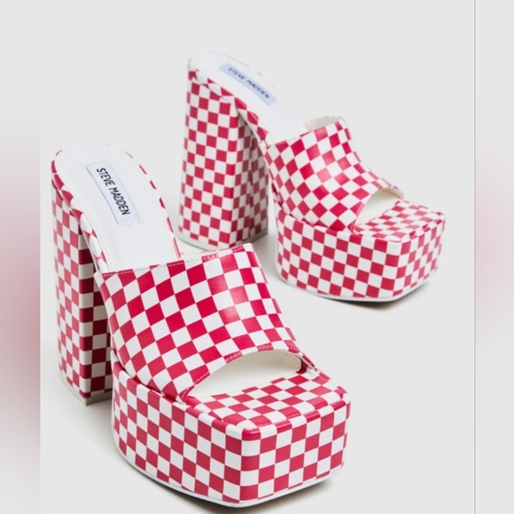 Steve Madden Trixie Pink White checkered retro‎ chunky Platform heels size 9 new - Picture 1 of 6